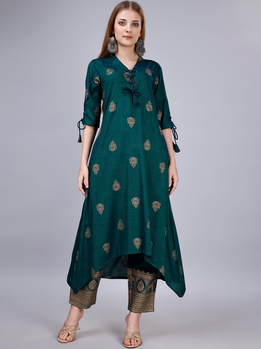 

Ekta Textiles Ethnic Motifs Regular Chanderi Cotton Kurta with Churidar, Green