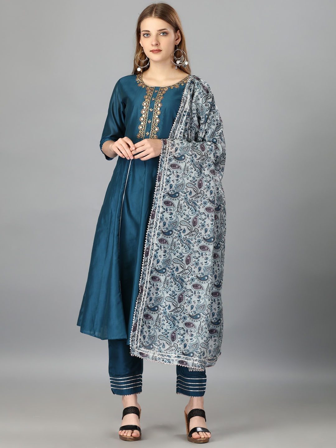 

Ekta Textiles Floral Yoke Design Thread Work Chanderi Cotton Kurta With Trousers & Dupatta, Green