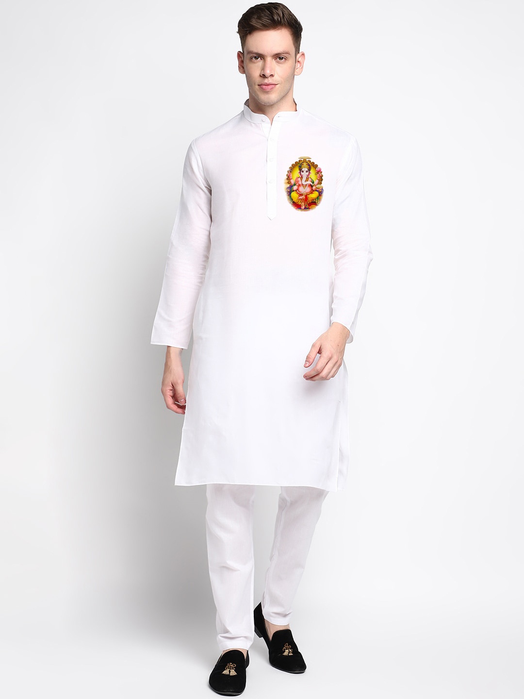 

DEVOILER Mandarin Collar Graphic Printed Straight Kurta, White