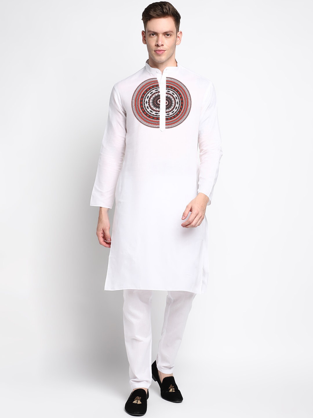 

DEVOILER Ethnic Motifs Printed Band Collar Long Sleeve Straight Kurta, White