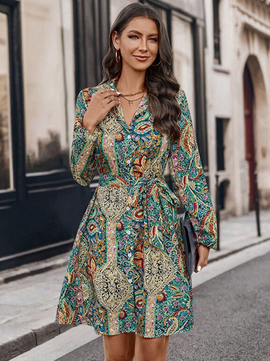 

StyleCast Green Ethnic Motifs Printed Shirt Collar Puff Sleeves Shirt Mini Dress