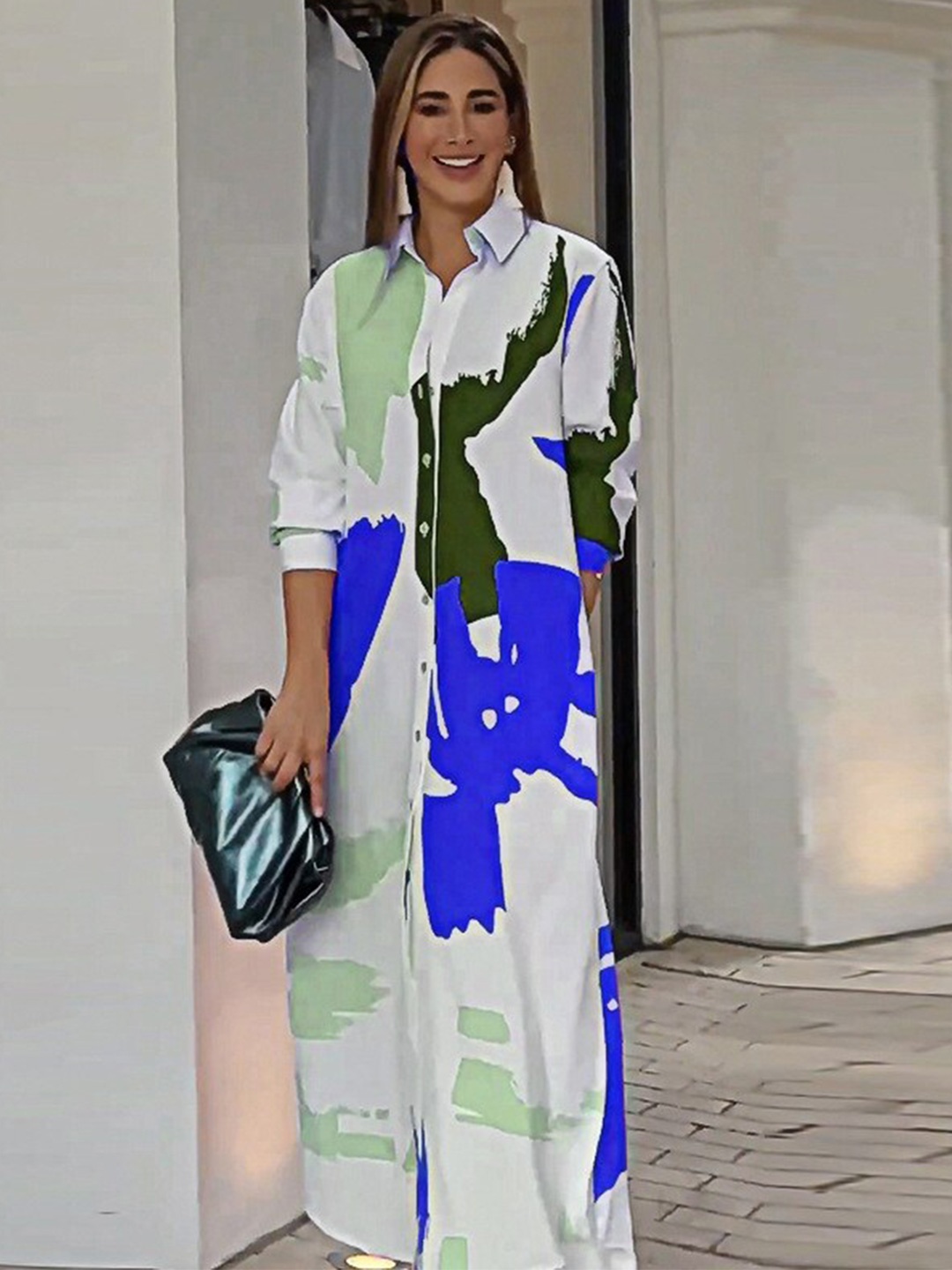 

StyleCast Blue Abstract Printed Shirt Collar Shirt Maxi Dress