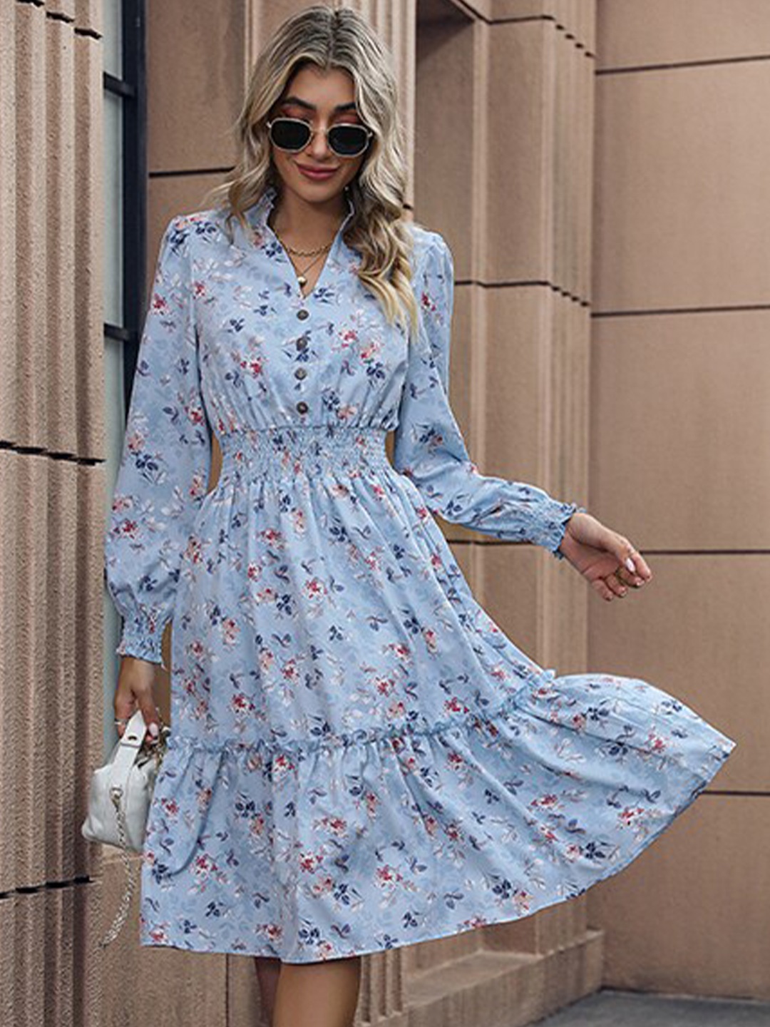 

StyleCast Blue Floral Printed Mandarin Collar Smocked Fit And Flare Dress