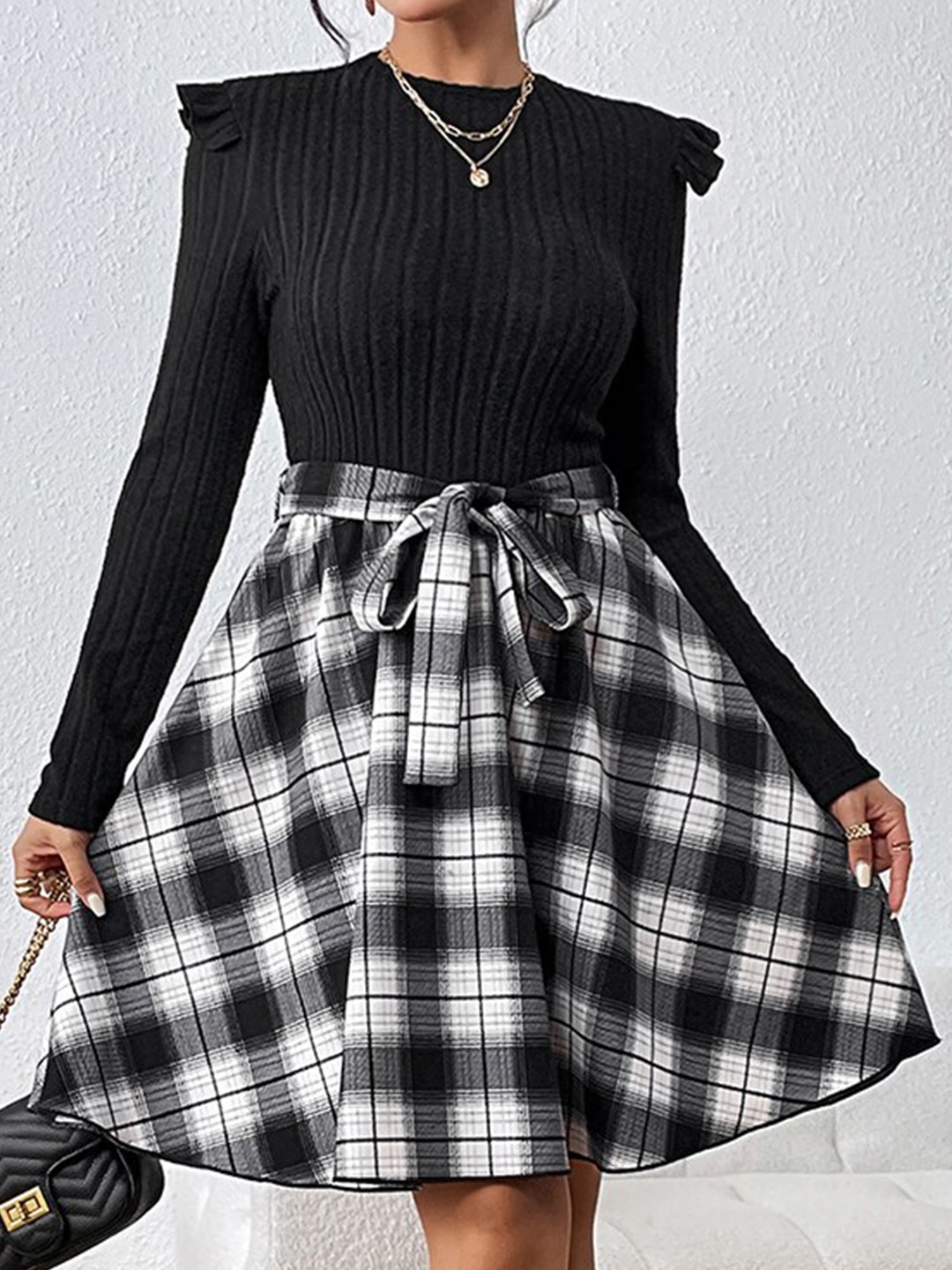 

StyleCast Black Checked Layered Fit & Flare Midi Dress