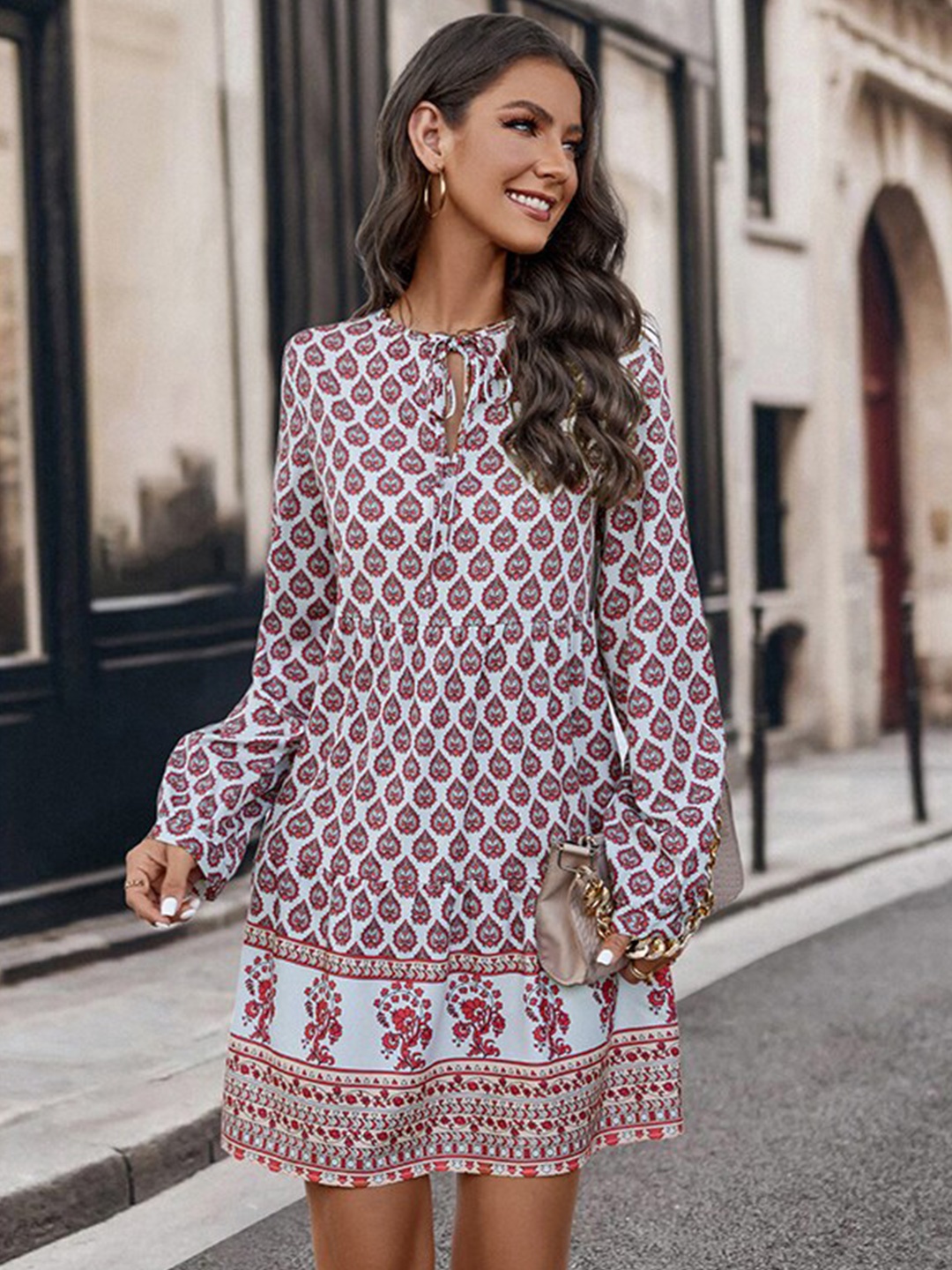 

StyleCast White Ethnic Motifs Printed A-Line Dress