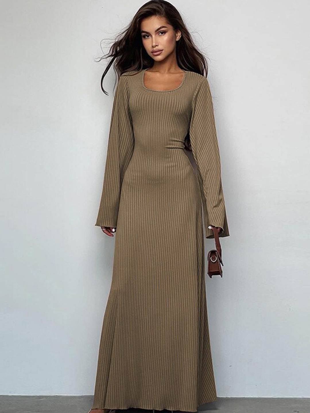 

StyleCast Khaki Self Design Flared Sleeve Maxi Dress