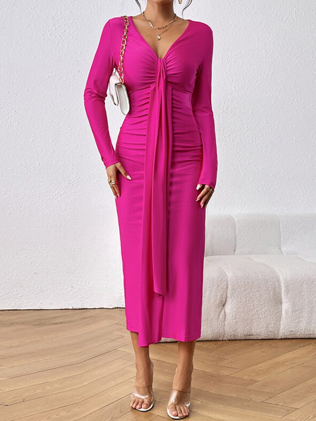 

StyleCast Fuchsia V-Neck Ruched Bodycon Midi Dress