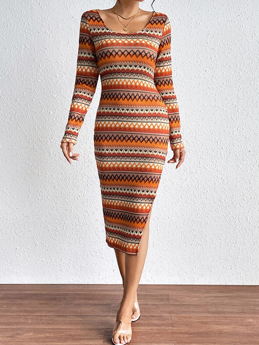 

StyleCast Brown & Orange Geometric Printed Long Sleeves Bodycon Midi Dress