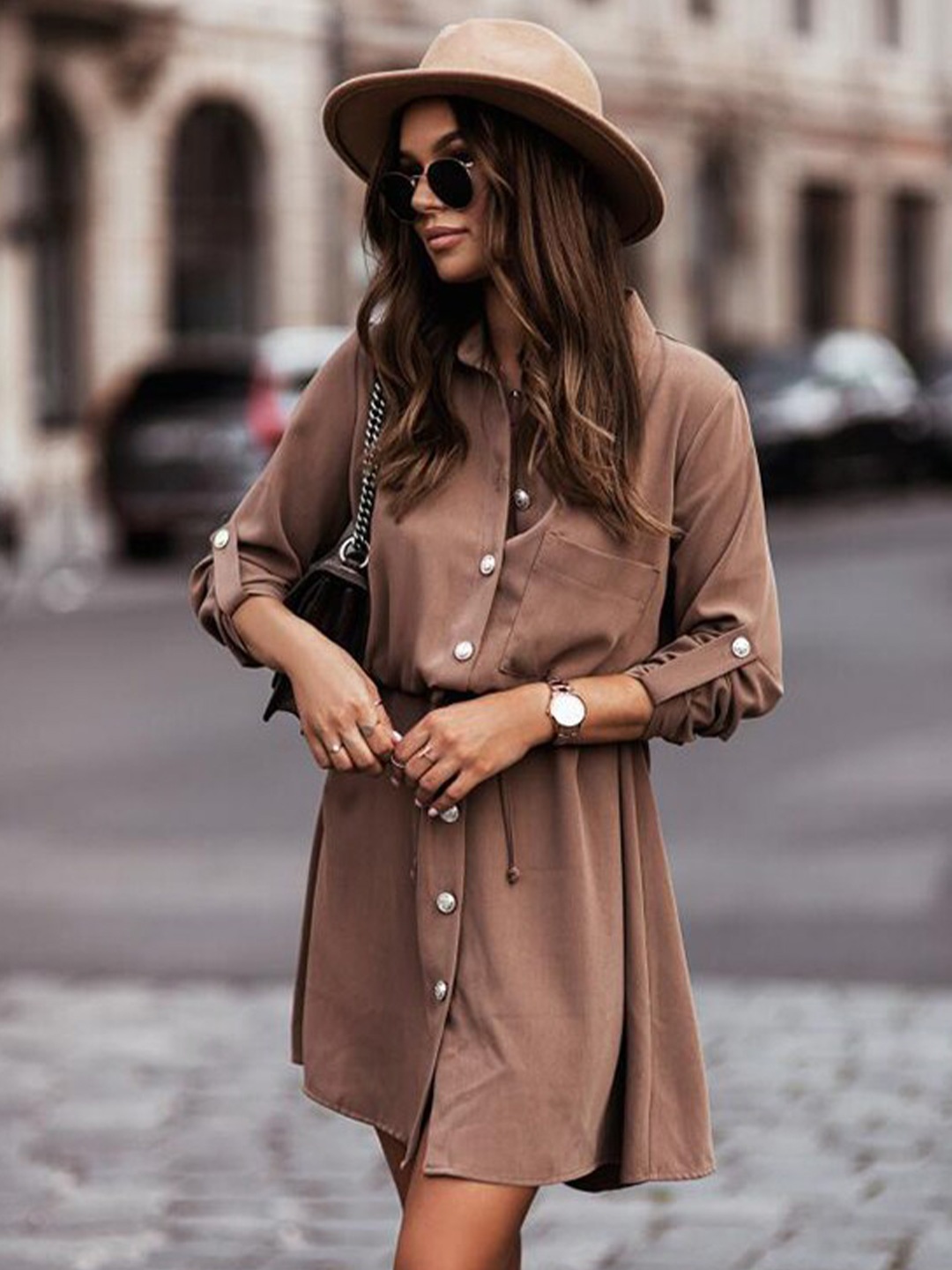 

StyleCast Brown Shirt Collar Cuffed Sleeves Shirt Style Dress