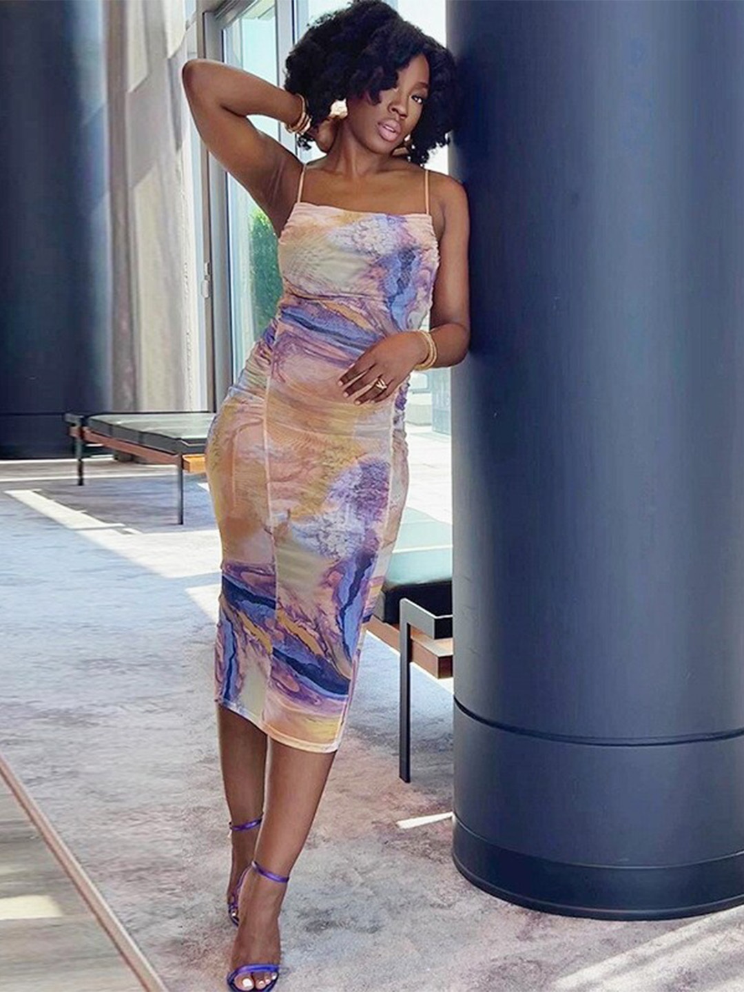 

StyleCast Blue Abstract Printed Shoulder Strap Neck Ruched Bodycon Midi Dress