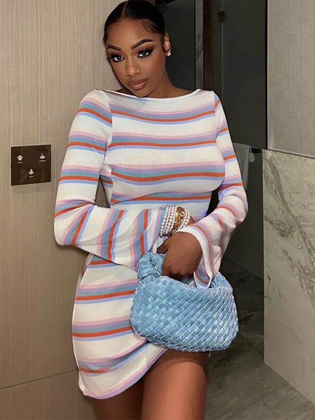

StyleCast Purple Striped Bell Sleeve Sheath Dress