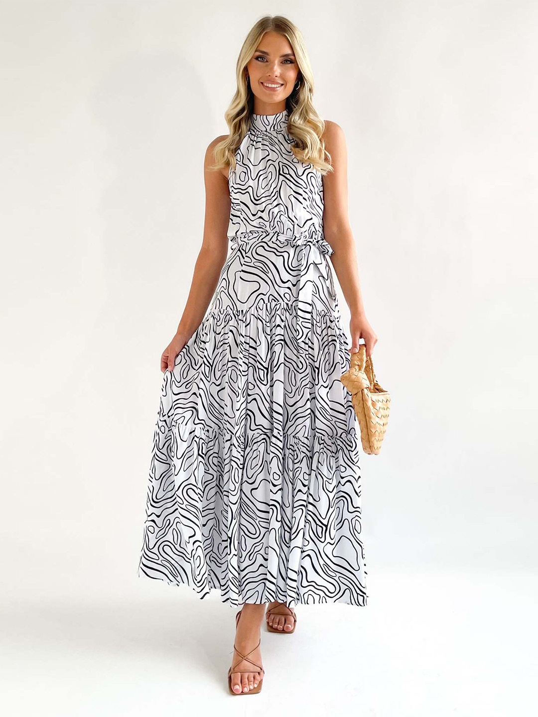 

StyleCast White & Black Abstract Printed Halter Neck Tiered Maxi Fit & Flare Dress