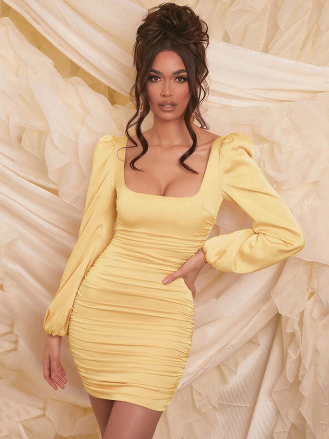 

StyleCast Yellow Square Neck Puff Sleeves Gathered Detail Bodycon Mini Dress