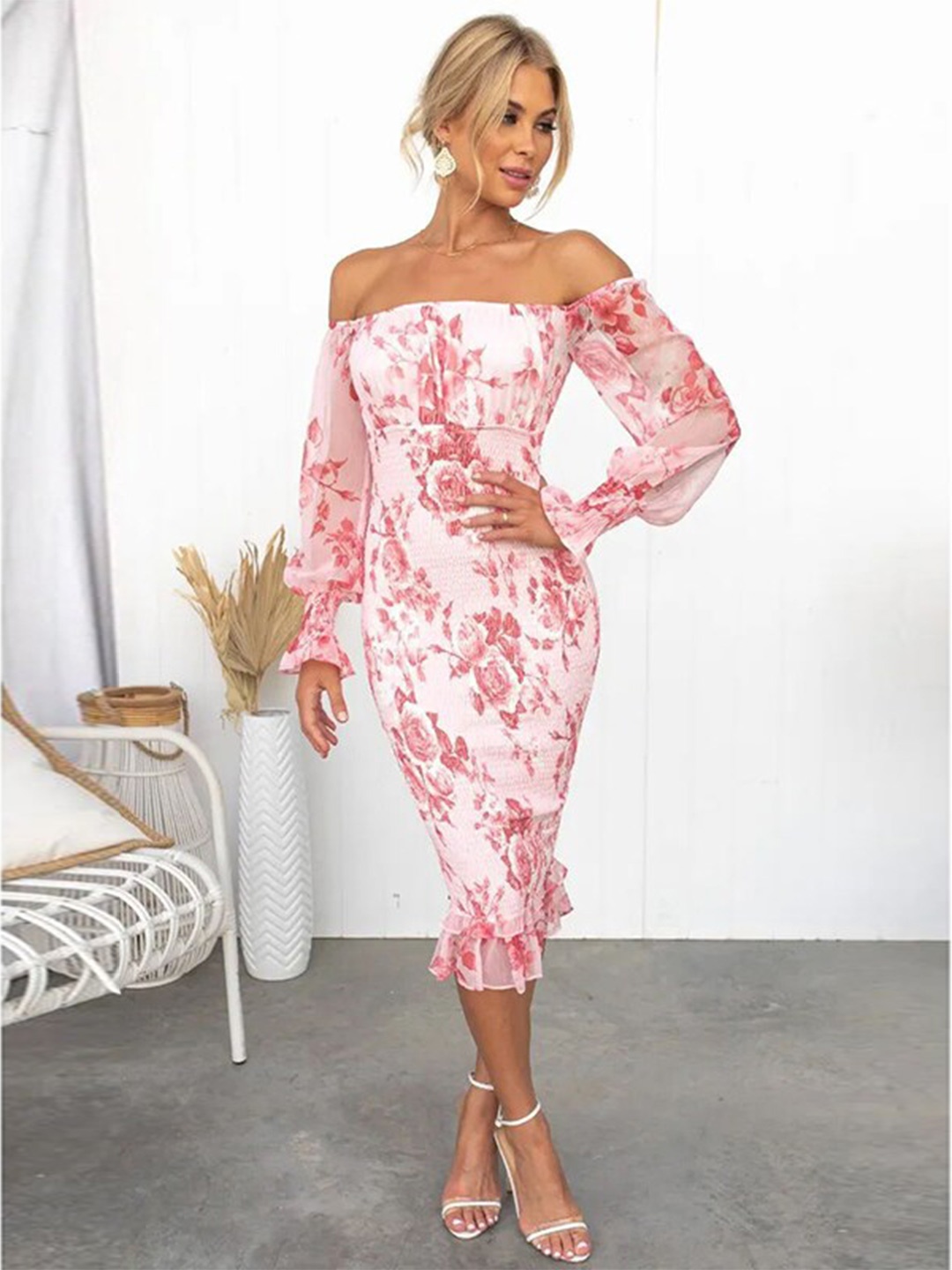 

StyleCast Pink Floral Printed Off-Shoulder Puff Sleeves Smocked Detailed Sheath Midi Dress, White