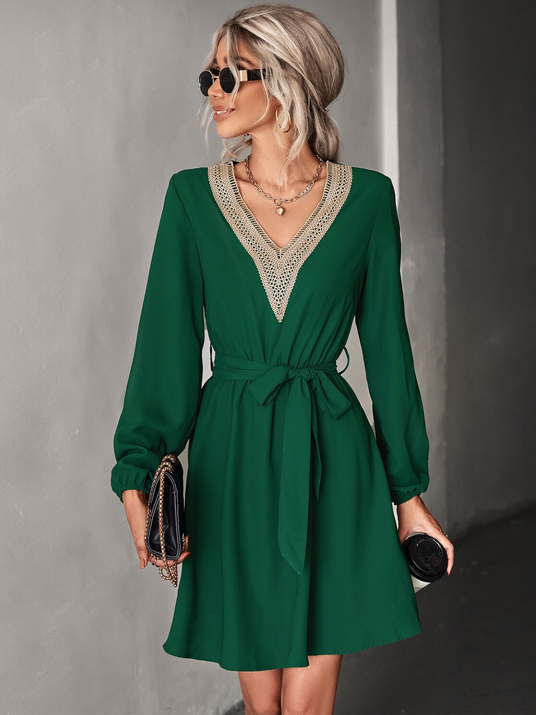 

StyleCast Green V-Neck Cuffed Sleeve Fit & Flare Dress