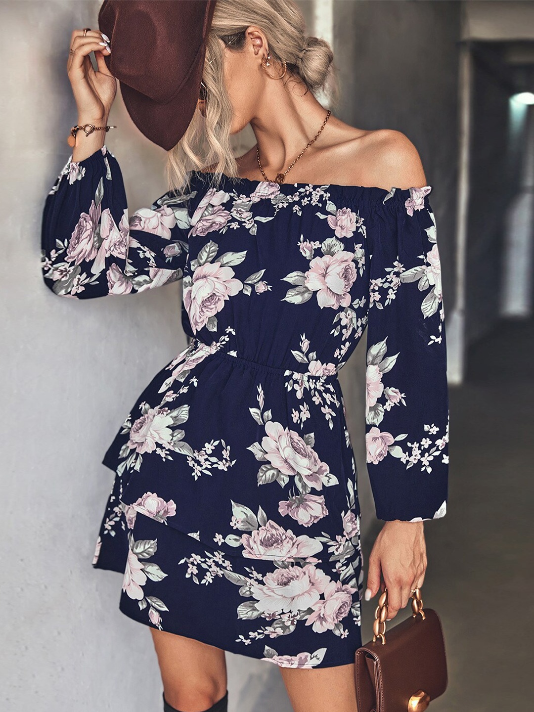 

StyleCast Navy Blue Floral Printed Puffed Sleeves Off Shoulder Fit & Flare Dress