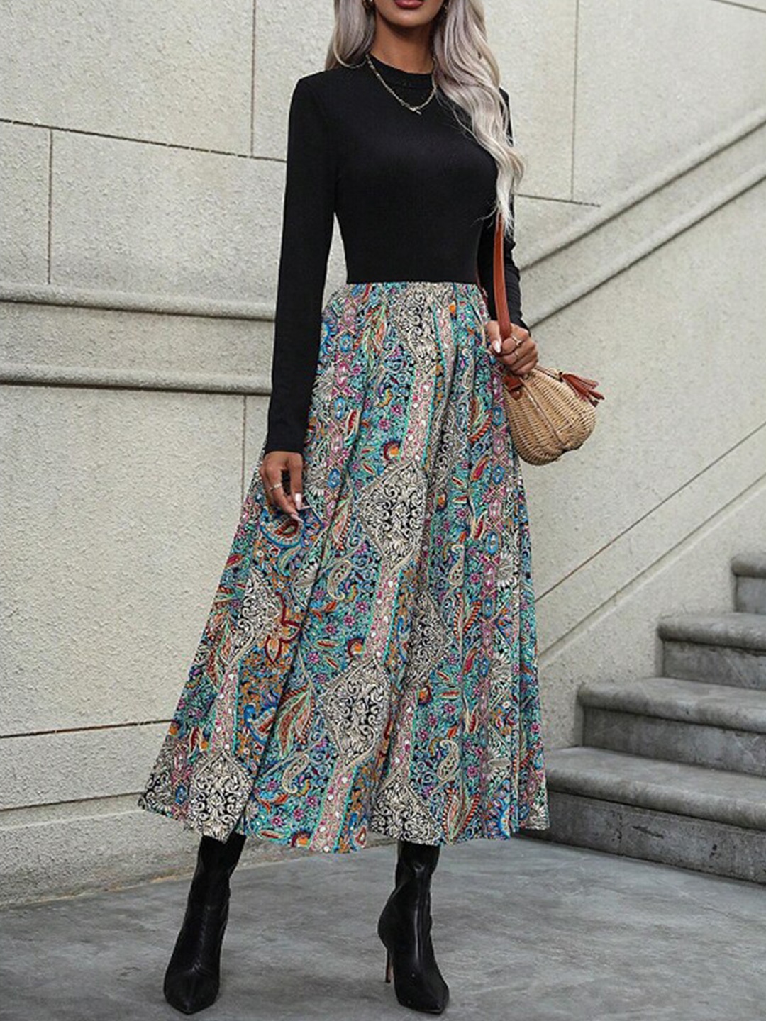 

StyleCast Black Ethnic Motifs Printed A-Line Midi Dress