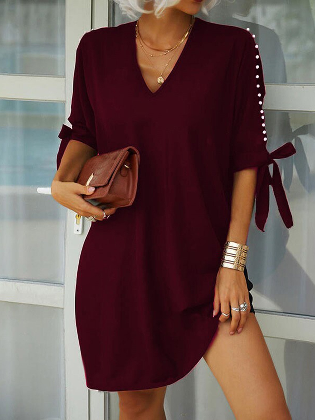 

StyleCast Maroon V-Neck Slit Sleeves A-Line Dress