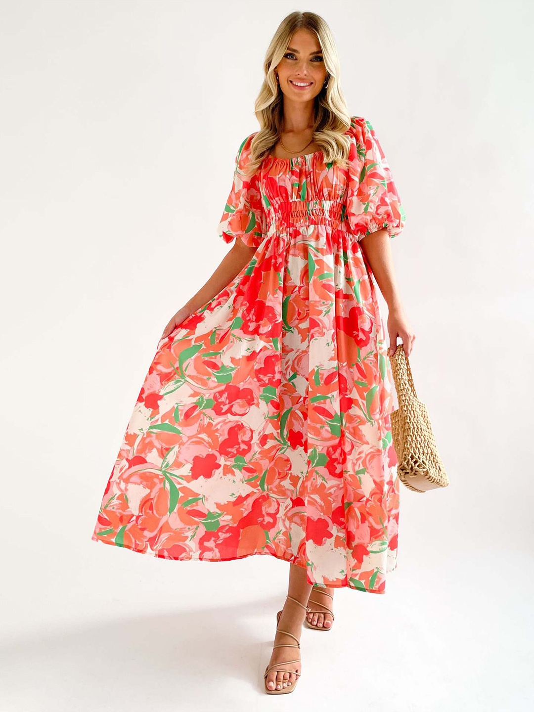 

StyleCast Red Floral Printed Puff Sleeves Smocked Fit & Flare Maxi Dress