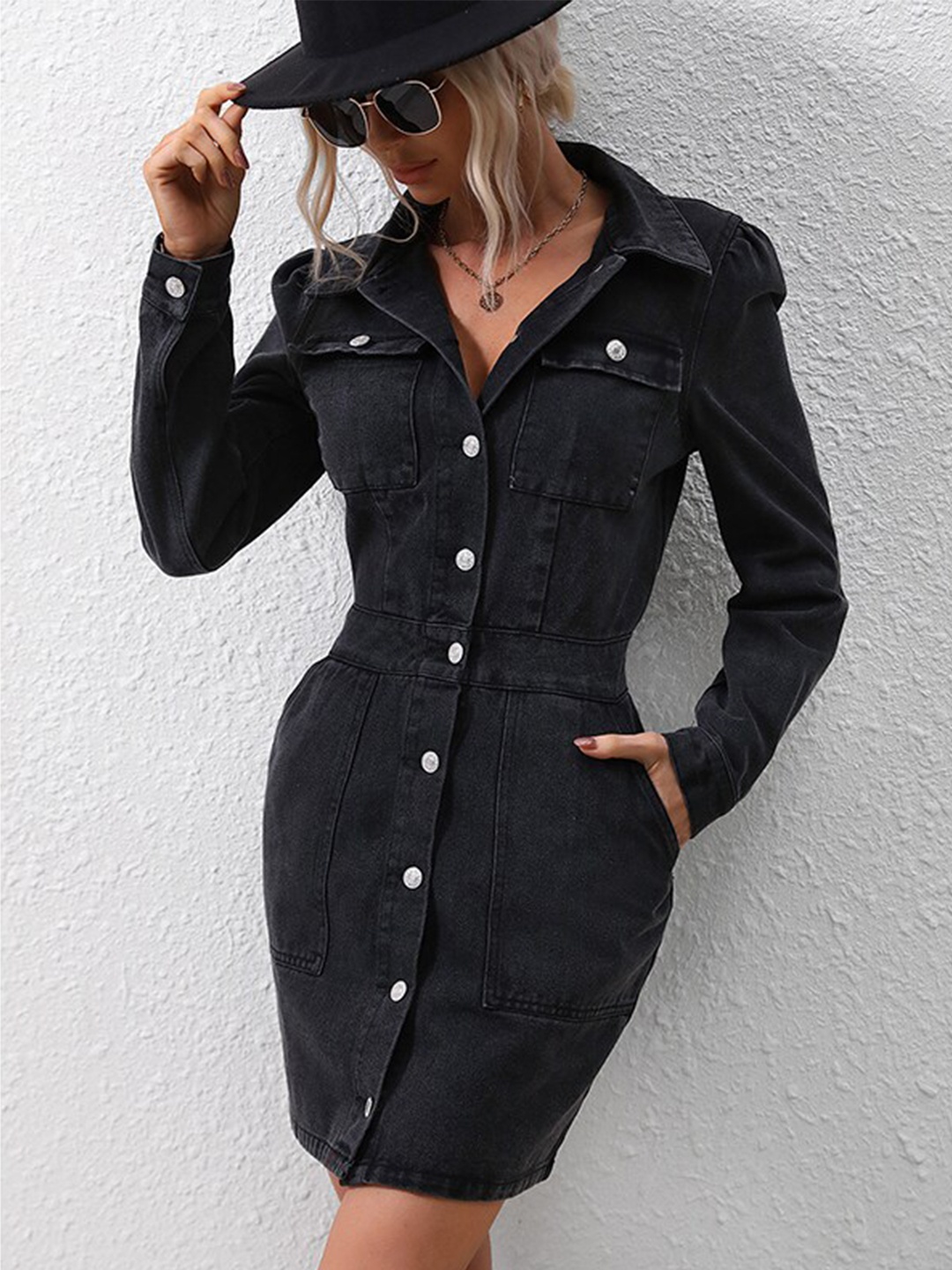 

StyleCast Black Shirt Collar Cuffed Sleeves Sheath Dress
