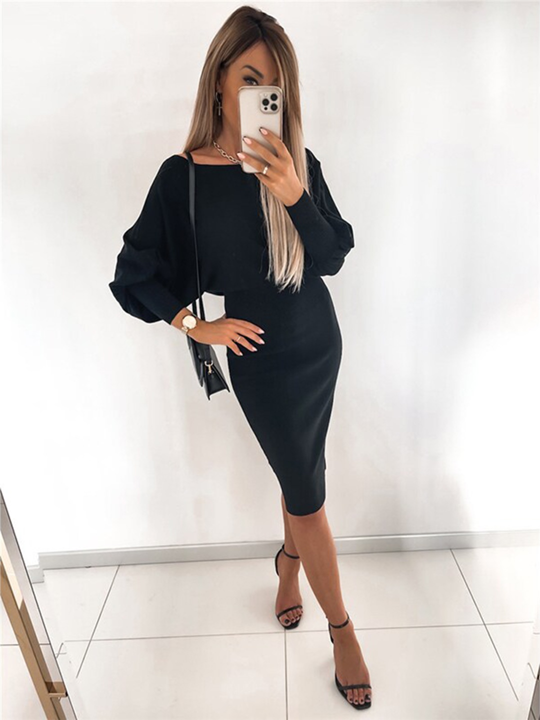 

StyleCast Black Off-Shoulder Cuffed Sleeves Bodycon Dress