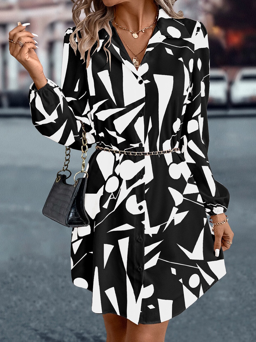 

StyleCast Black & White Geometric Printed Belted Shirt Style Dress