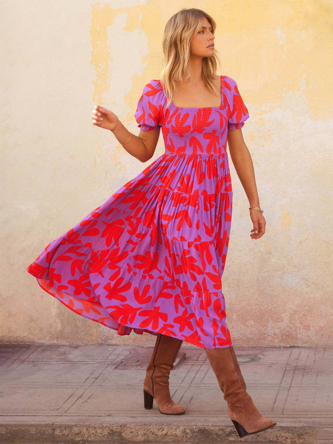 

StyleCast Fuchsia Floral Printed Puff Sleeves Smocked Fit And Flare Dress