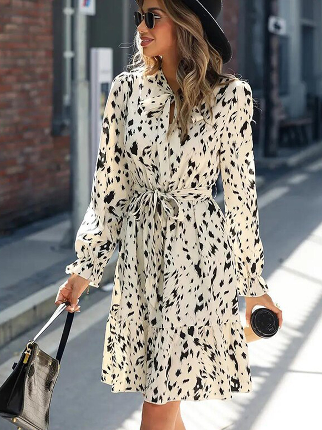 

StyleCast Beige & Black Animal Printed Tie-Up Neck Wrap Dress