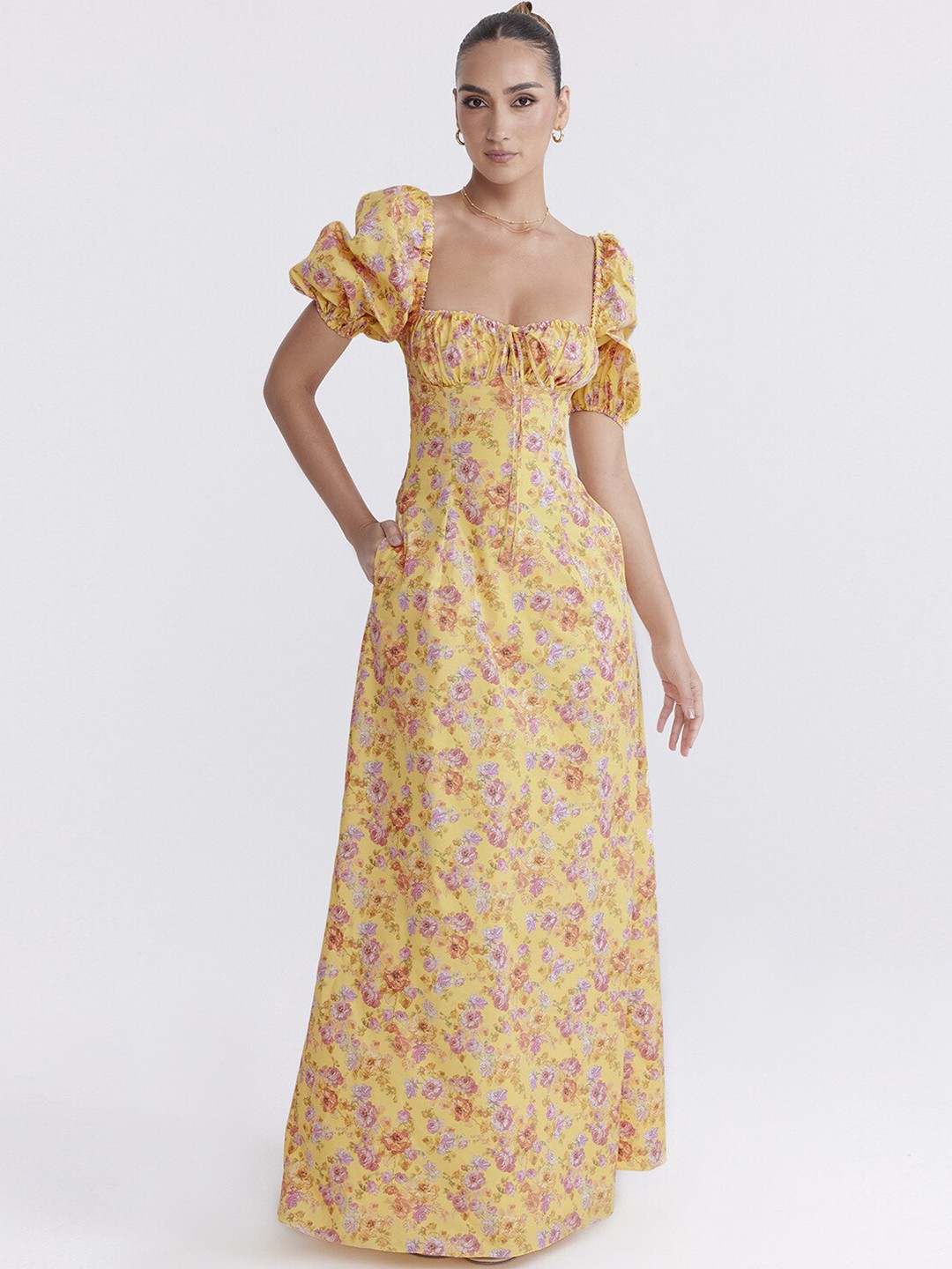 

StyleCast Yellow Floral Printed Puff Sleeve Maxi Dress