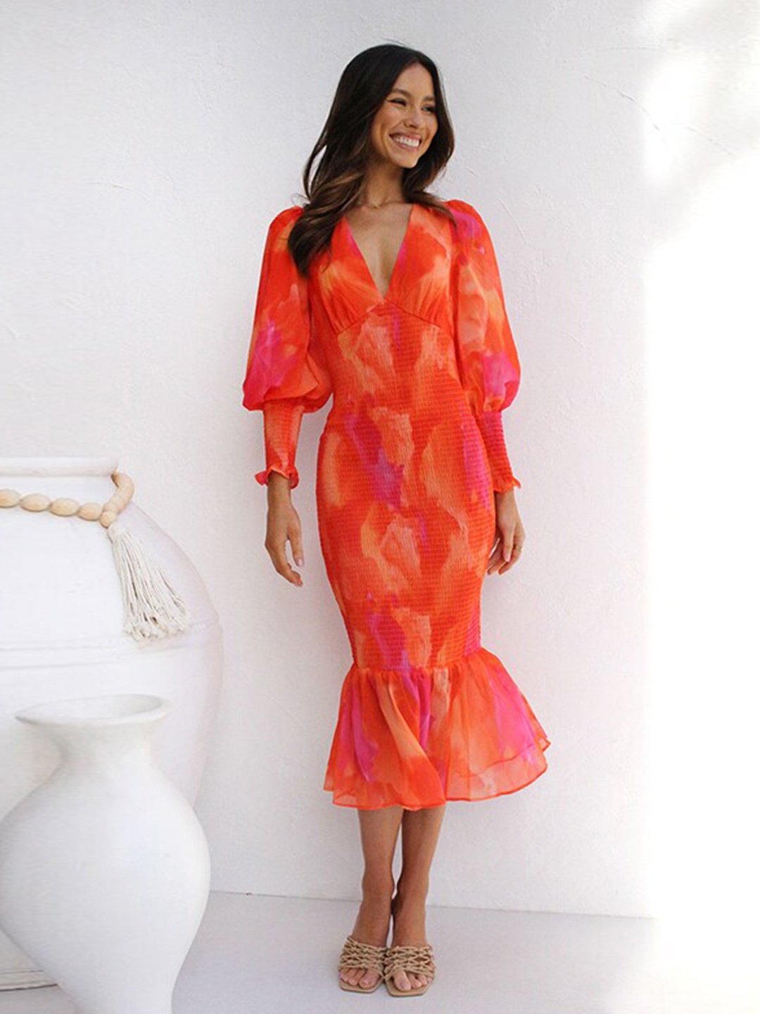 

StyleCast Orange Abstract Printed cuffed Sleeve Ruffled Sheath Midi Dress