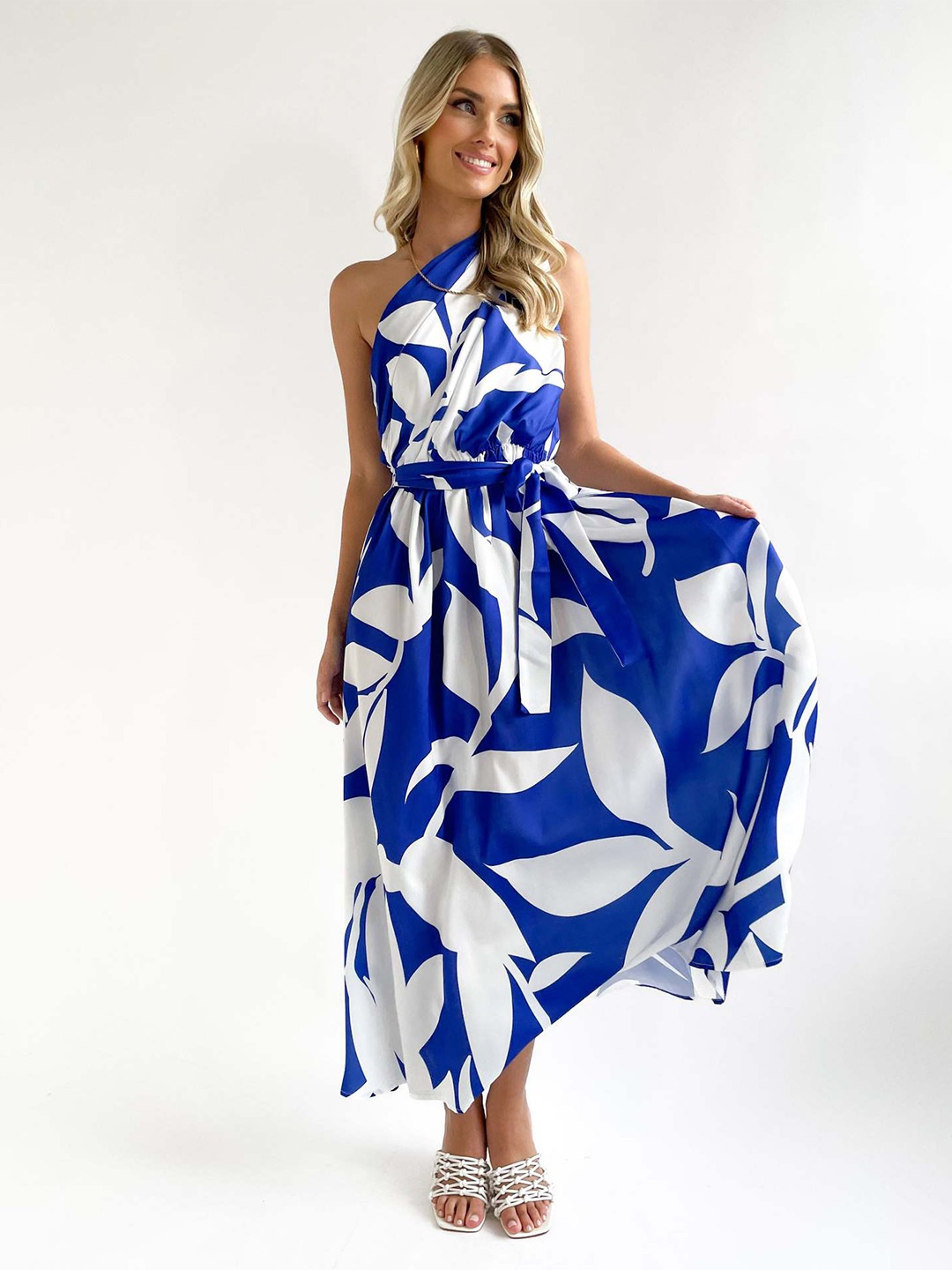 

StyleCast Blue Floral Printed One Shoulder Neck Maxi Dress