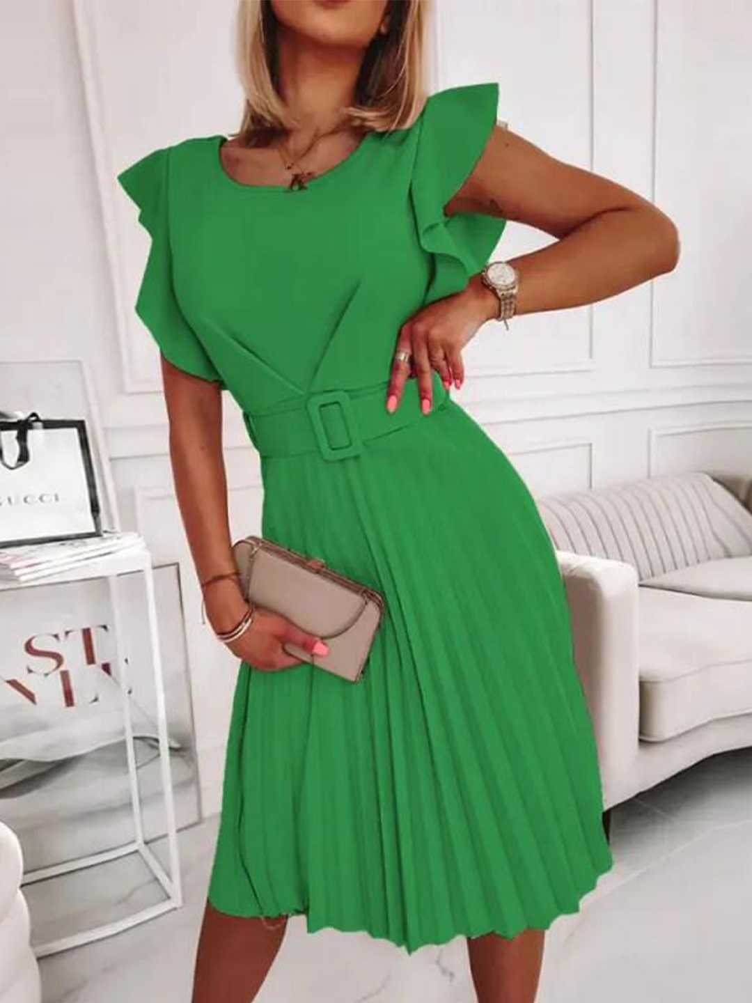 

StyleCast Green Flutter Sleeve Accordion Pleats A-Line Dress