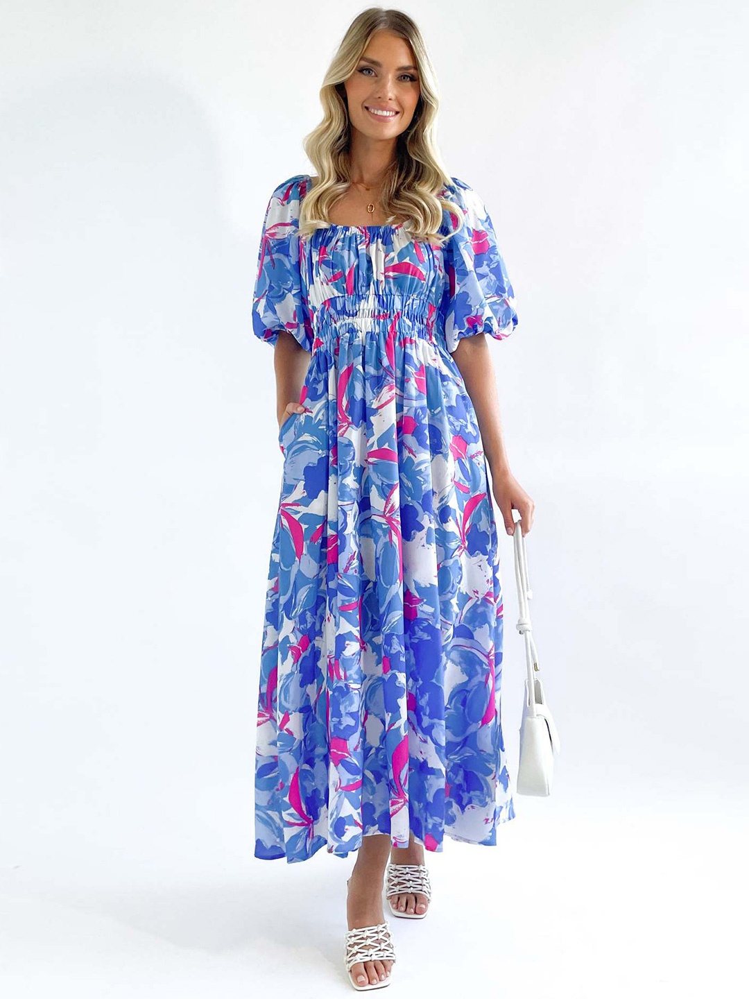 

StyleCast Blue Floral Printed Puff Sleeves Smocked Maxi Fit And Flare Dress