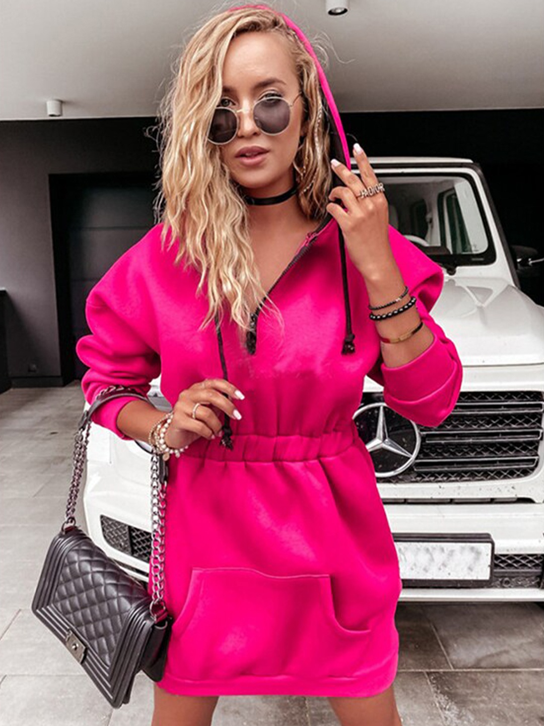 

StyleCast Fuchsia Hooded Gathered T-Shirt Dress