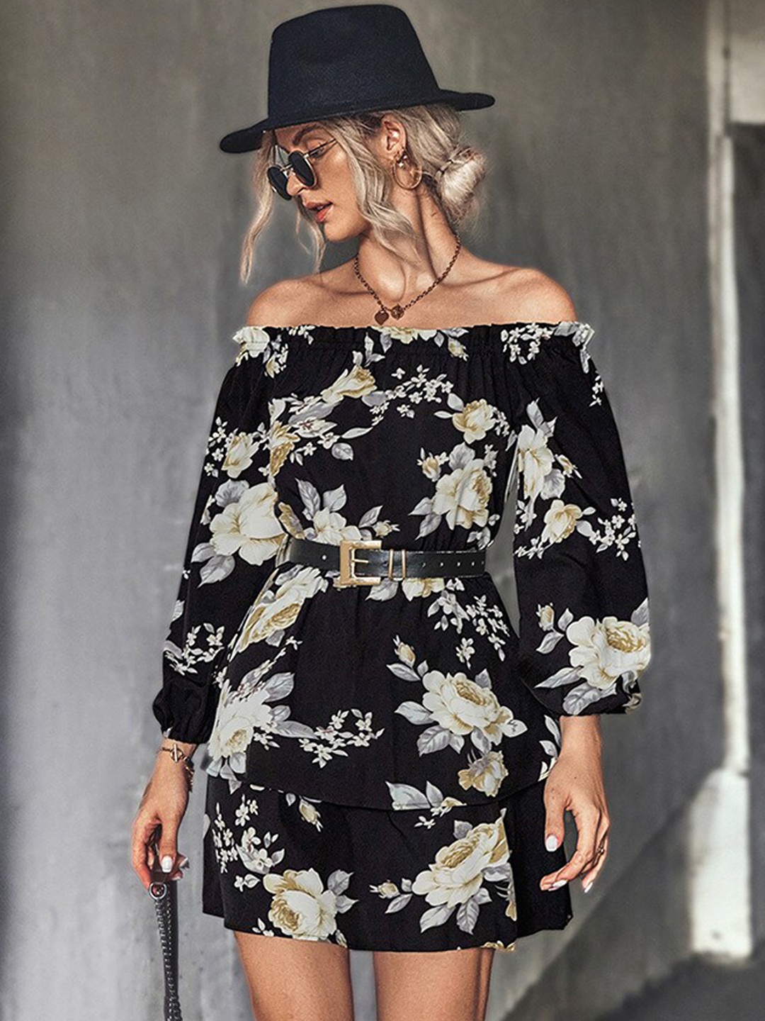 

StyleCast Black Floral Printed Off-Shoulder Ruffled Blouson Dress