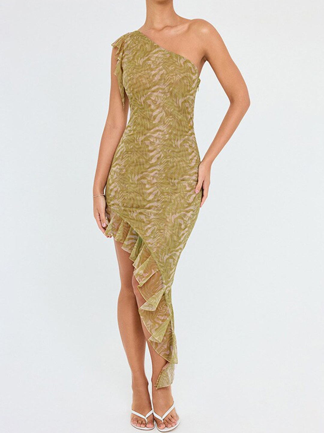 

StyleCast Yellow Abstract Printed Ruffled Asymmetric Sheath Dress