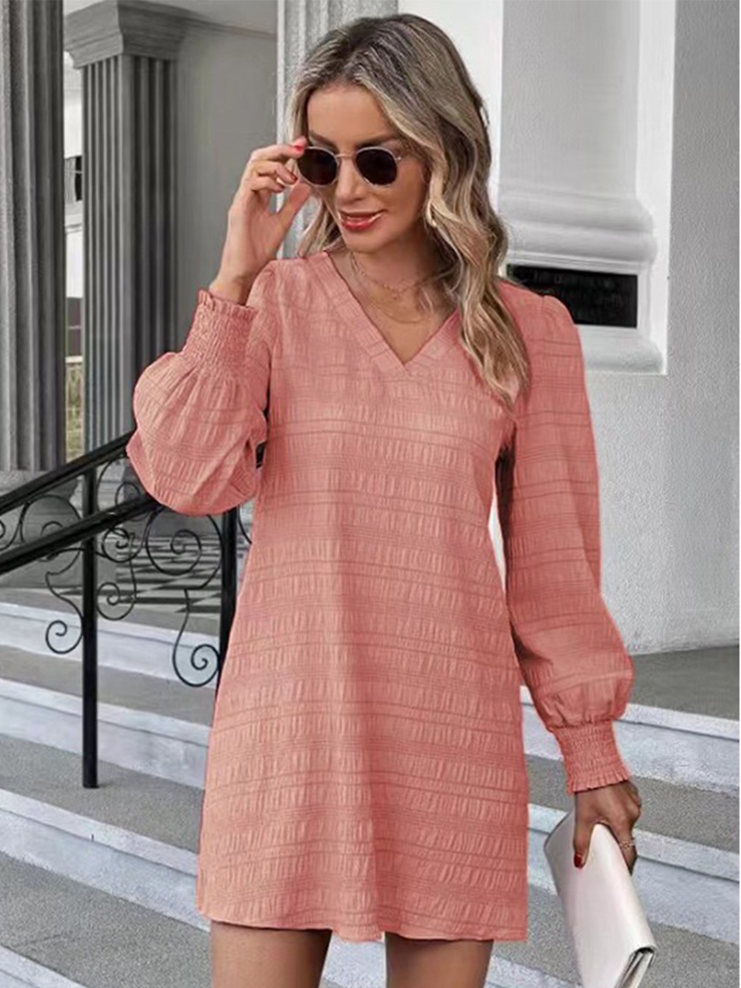 

StyleCast Pink Self Design Ruffled A-Line Mini Dress
