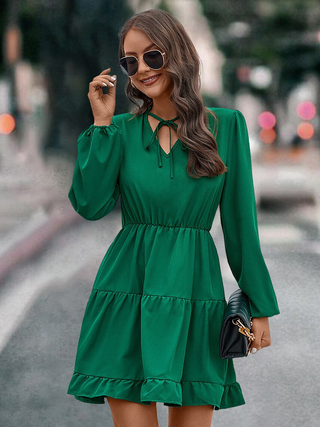 

StyleCast Green Tie-Up Neck Puff Sleeve Gathered Fit & Flare Dress