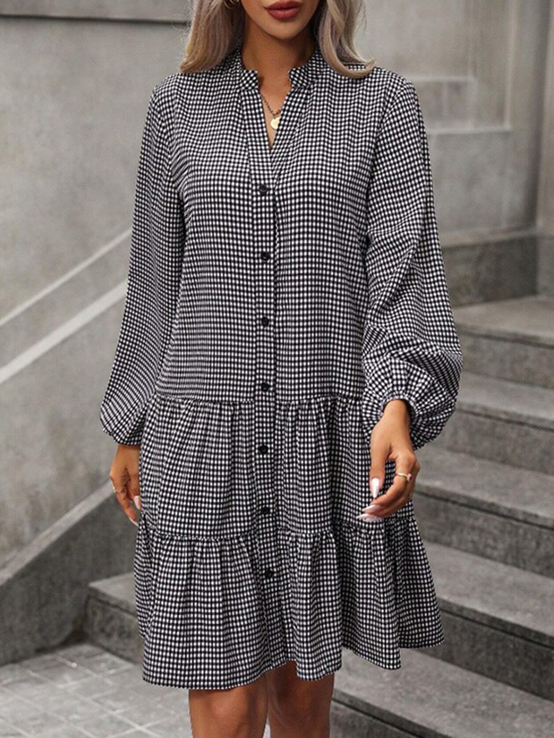 

StyleCast Black Checked Mandarin Collar Puff Sleeves Shirt Dress