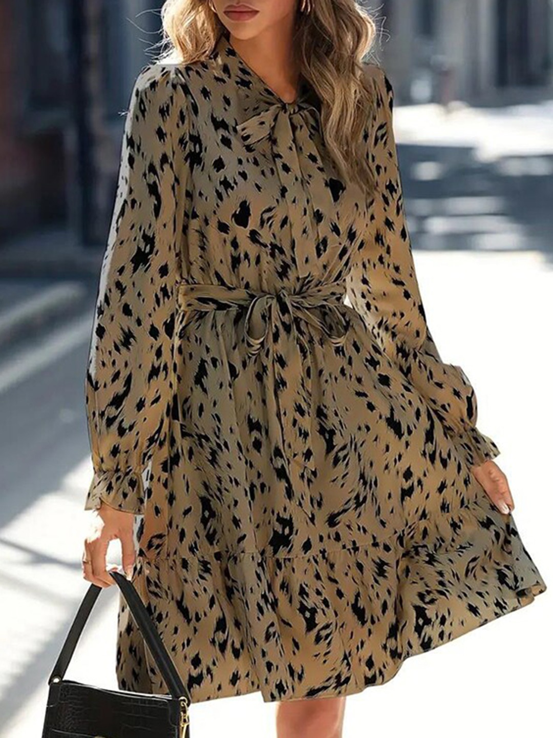 

StyleCast Khaki Abstract Printed Tie-Up Neck A-Line Dress