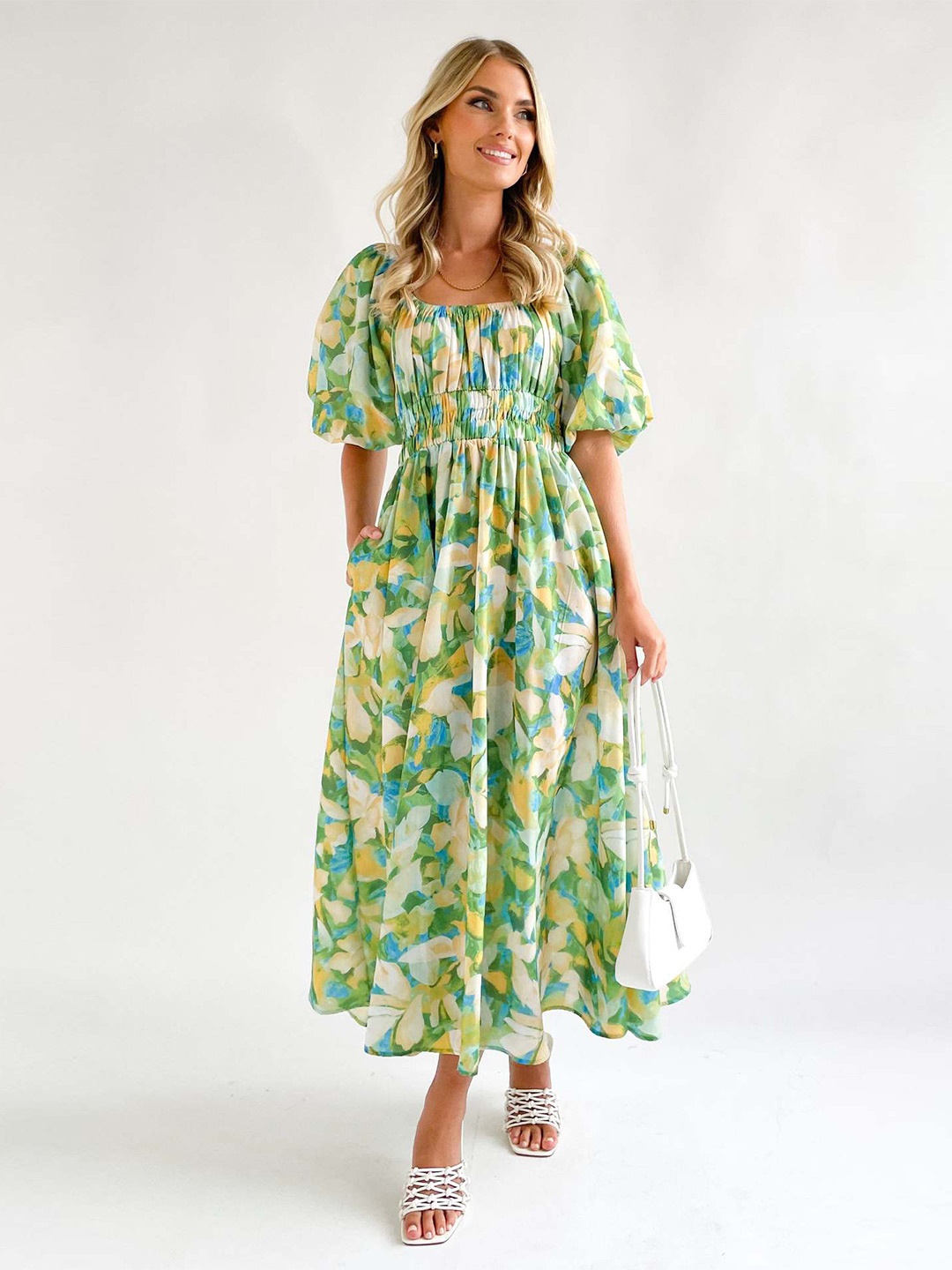 

StyleCast Green Floral Printed Puff Sleeves Gathered Detailed Maxi Dress