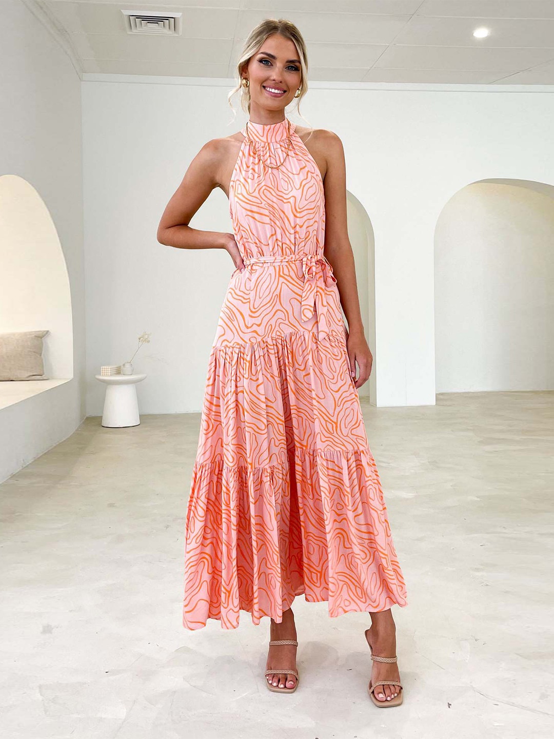 

StyleCast Pink Abstract Printed Halter Neck Gathered Tiered Maxi Dress