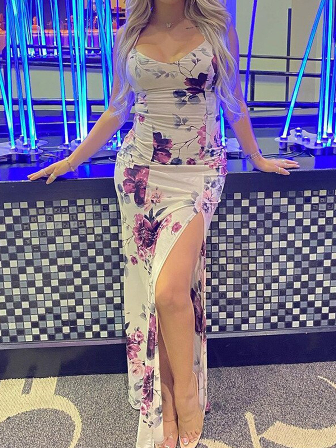 

StyleCast Beige Floral Printed Shoulder Straps Slit Ruched Maxi Dress