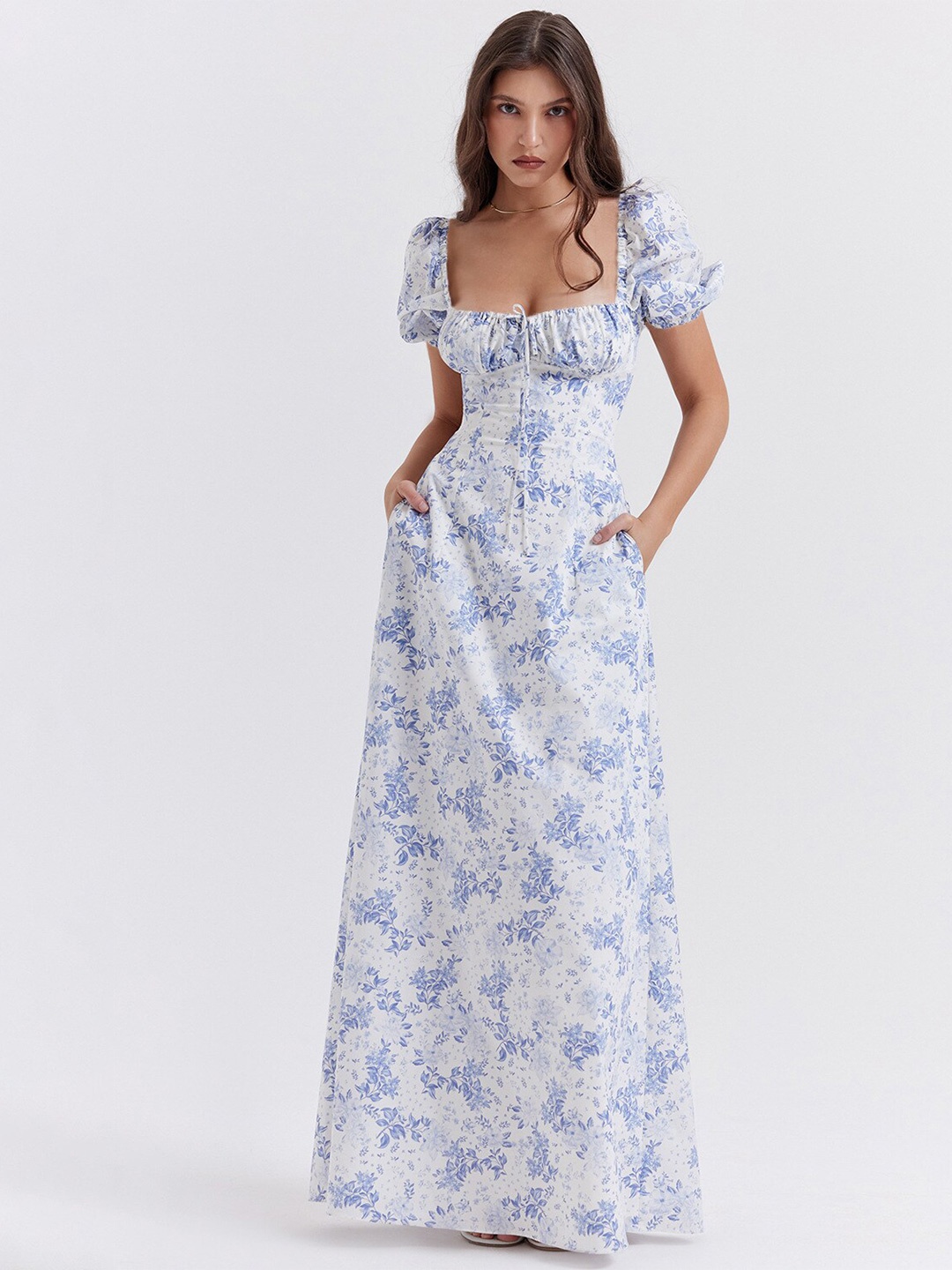 

StyleCast Blue & White Floral Printed Square Neck Puff Sleeves Maxi Dress