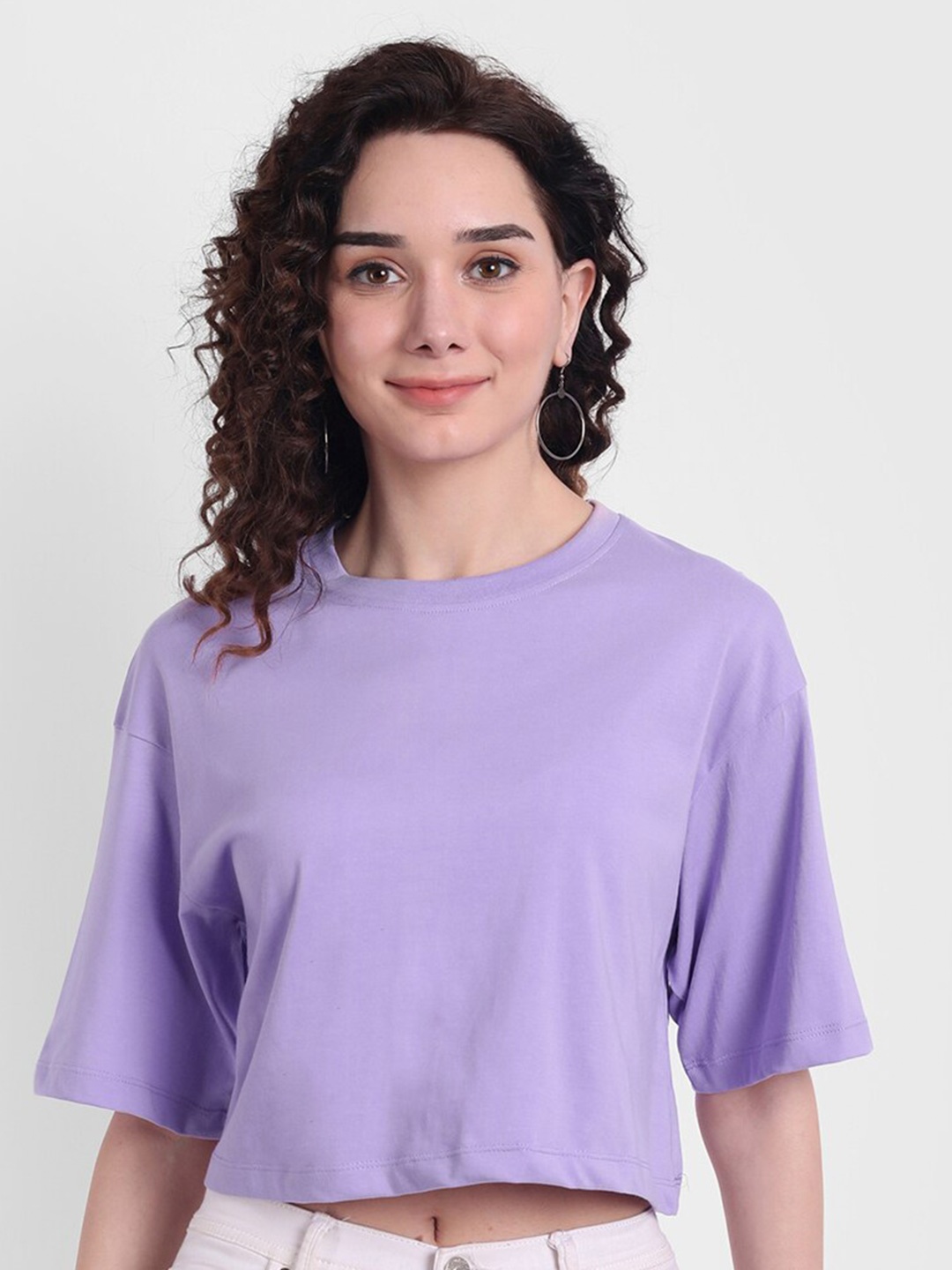 

COLOR CAPITAL Drop Shoulder Sleeves Pure Cotton Crop Boxy T-shirt, Lavender