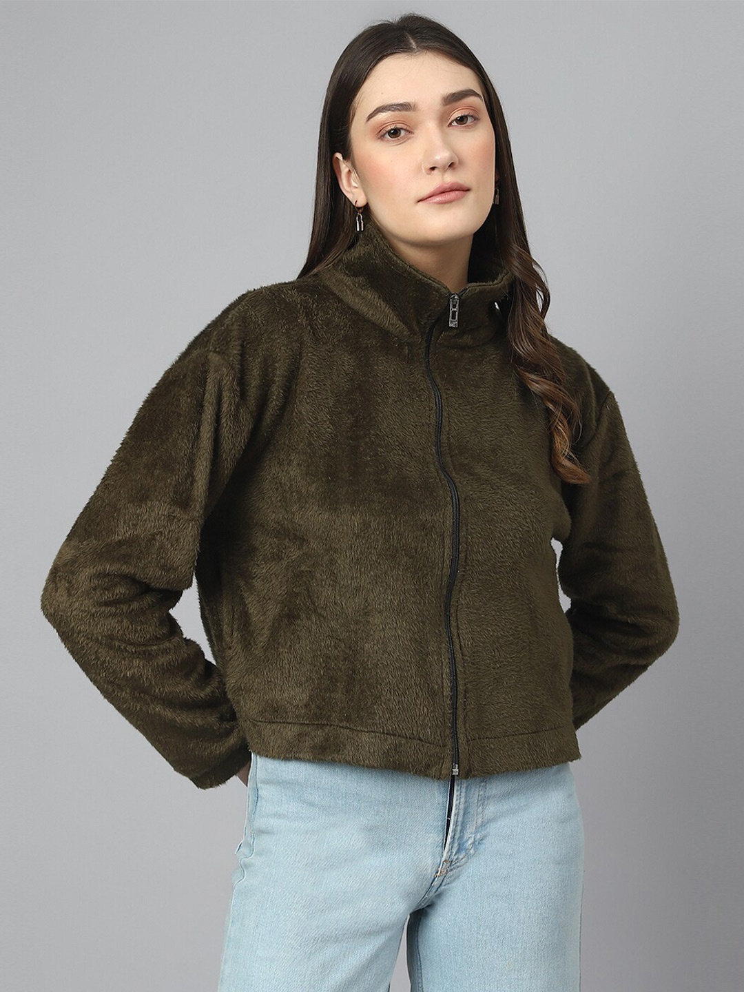 COLOR CAPITAL Long Sleeves Mock Collar Fur Tailored Jacket, Green