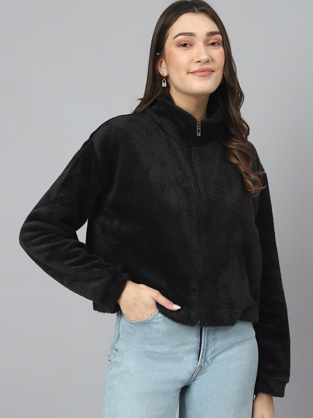 

COLOR CAPITAL Long Sleeves Mock Collar Fur Tailored Jacket, Black