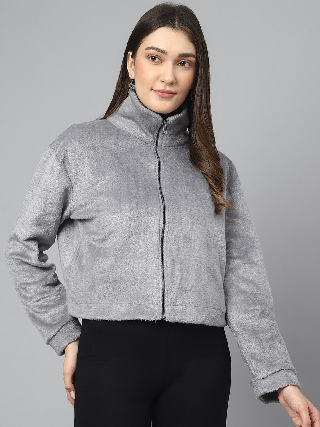

COLOR CAPITAL Mock Neck Front Open Sweatshirts, Grey