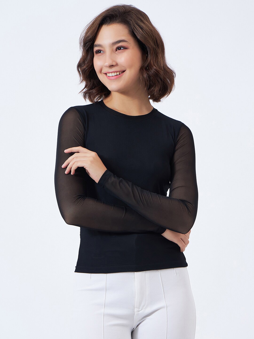 

COLOR CAPITAL Sheer Panelled Net Fitted Top, Black