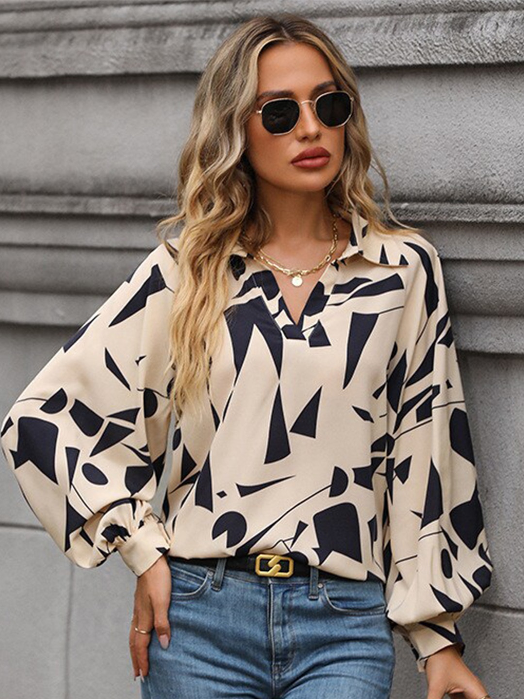 

StyleCast Abstract Printed Shirt Collar Cuffed Sleeve Georgette Shirt Style Top, Beige